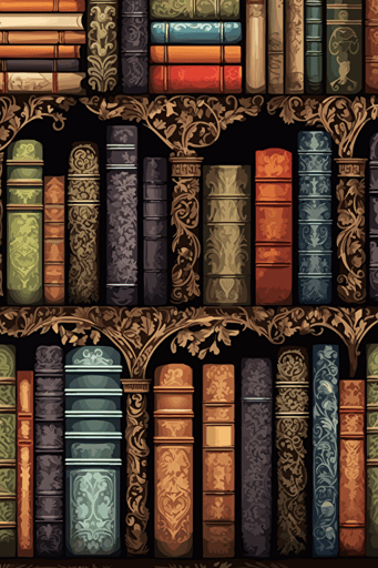 vector image, pdf, svg, thick strokes ::1 books with intricate bookcovers fill the shelves of the infinite library ::1