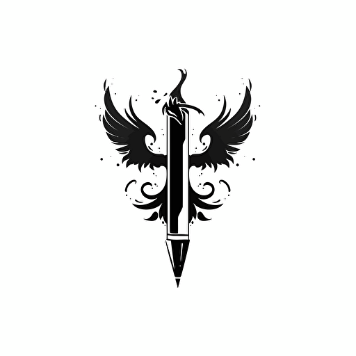 black logo of a fountain pen sword that has dragon wings with swirling ink, minimalistic, black logo on a white background, vector logo design