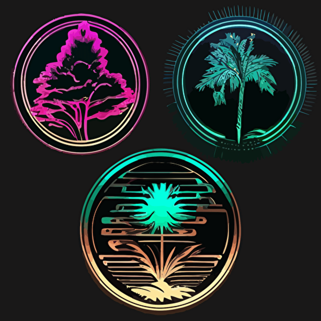 a pine tree shaped coin, outline of coin shaped as a pine tree, Outrun retro logo designs. Neon retro logos. Vaporwave, Retrowave, Synthwave logo templates, Vector retro 80's logos set
