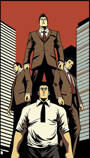 a rooftop where two yakuza gangster holding a man headfirst over the edge of the bulding threatening to let him fall, yakuza, manga comic style, simple vector illustration, flat design, cover, simple city background