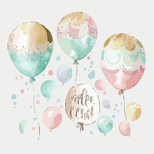 cute watercolor pastel foil balloons, vector, white background
