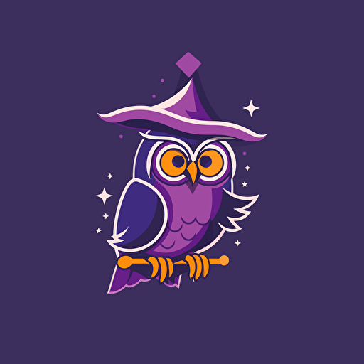 owl flying, wearing a wizard hat, in side profile, vector logo, purple, simple, dribbble art