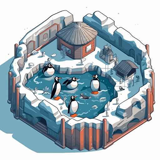 isometric cartoon vector style image of an icy zoo penguin enclosure