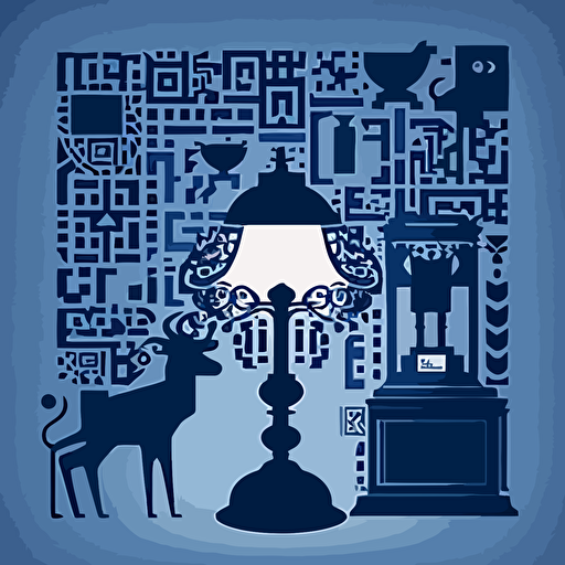 Create a vector illustration of a QR code using silhouettes of old-fashioned and antique objects, rendered in a minimalistic style with dark blue and black tones. Utilize geometric flat vectors to create a clean and iconic composition, with objects such as lamps, doors, chairs, kettles, and toys forming the QR code in a visually intriguing way. No shades, no gradients.