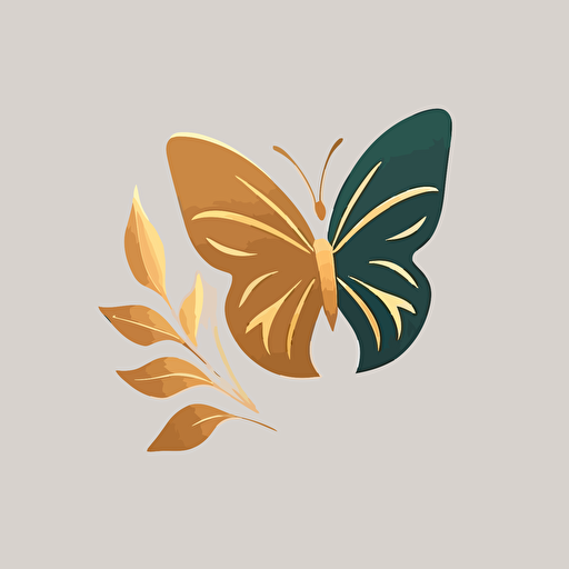 simple flat vector logo with 3 colors one of them gold. A butterfly sitting on a flower