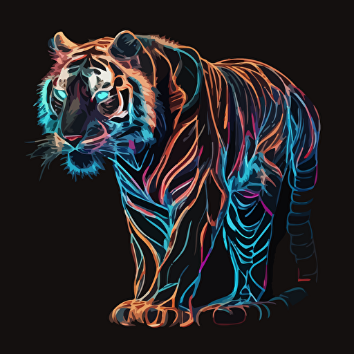 Tiger, sticker, triumohant, neon, anime, contour, vector, black background, detailed