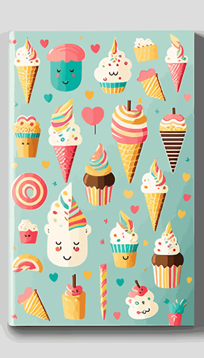 Vector style pattern with 40 illustrated objects. Use cute unicorns, flamingos, cupcakes and rainbows, clear vector areas, to print a full-size book cover, colorful