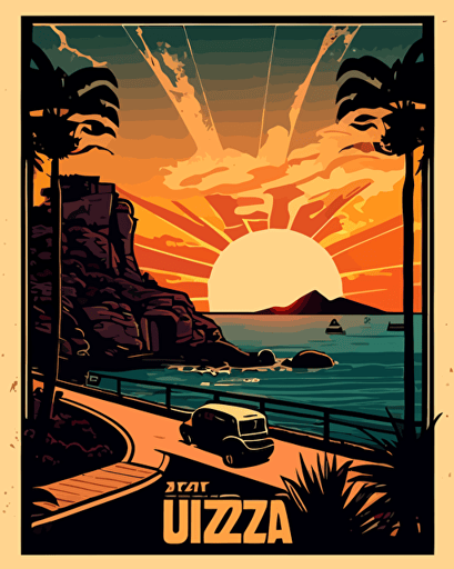 vector image of a stylization of IBIZA sunset in a poster style ultra high definition