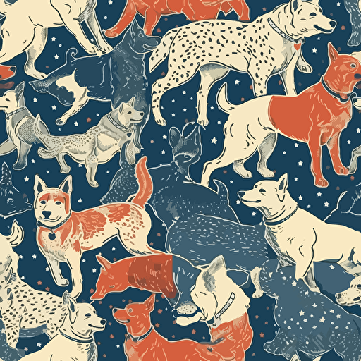 detailed vector illustration of dogs having fun, negative space inbetween dogs USA Flag Colors, 4th of July Theme