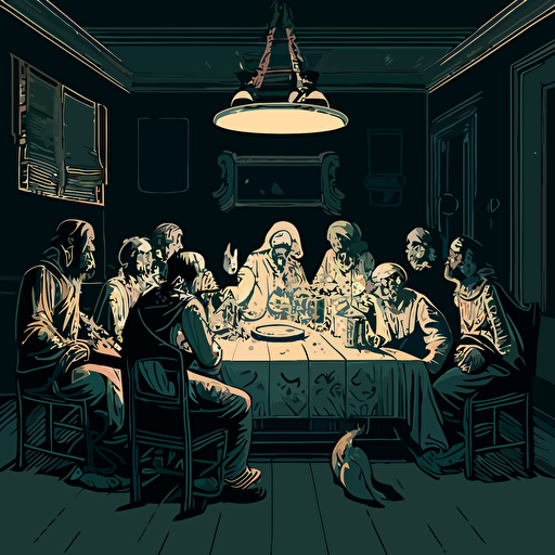 Drawing from Leonardo da Vinci's "The Last Supper," design a vector illustration of a modern-day dinner party where Satoshi Nakamoto is the host, engaging in conversation with notable figures from the world of technology and finance. Set the scene in an elegant dining room.