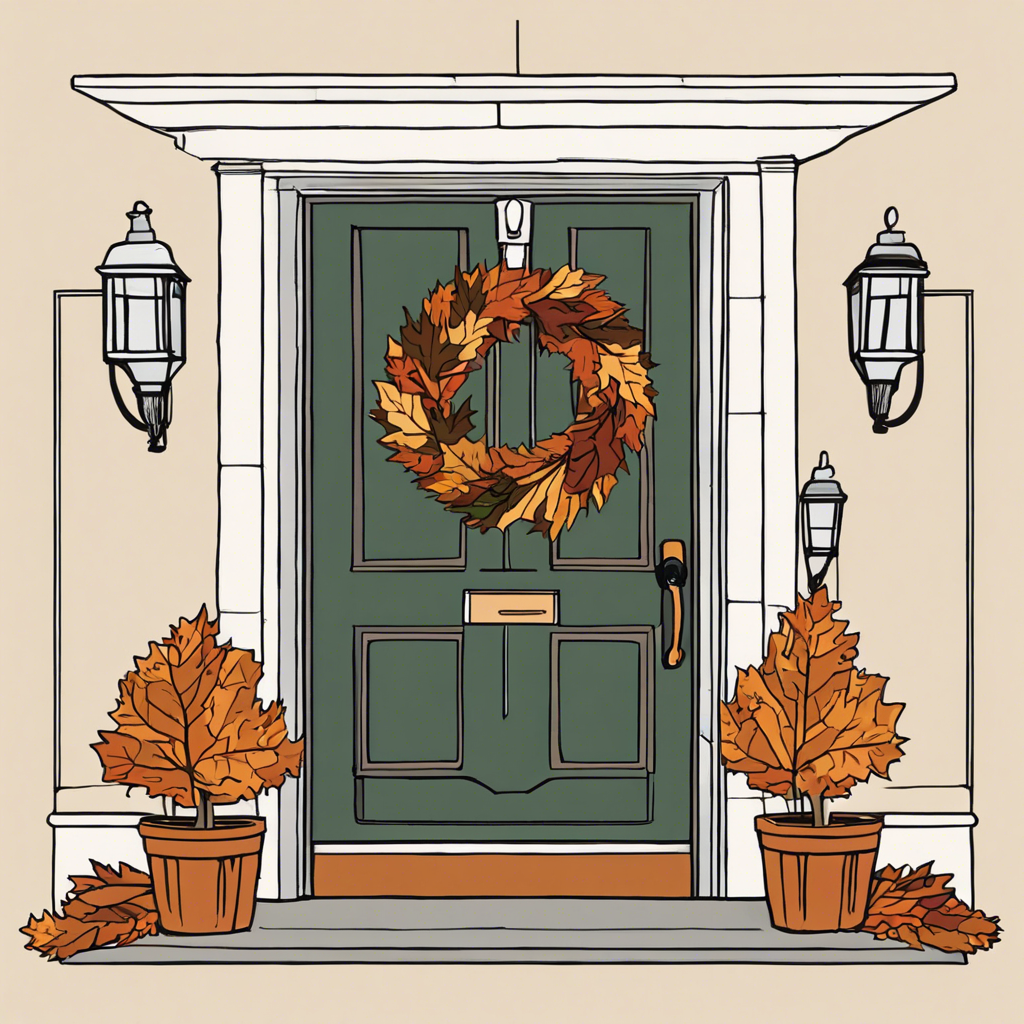 Colorful autumn wreath on a front door., illustration in the style of Matt Blease, illustration, flat, simple, vector