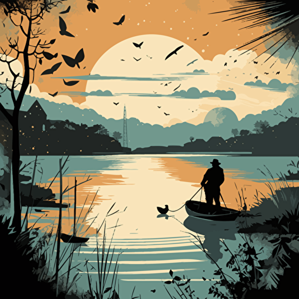 a vector linoprint simple detail illustration of a fly fisher in a lake surrouned by dramatic british countryside, black outlikes with 3 block colours