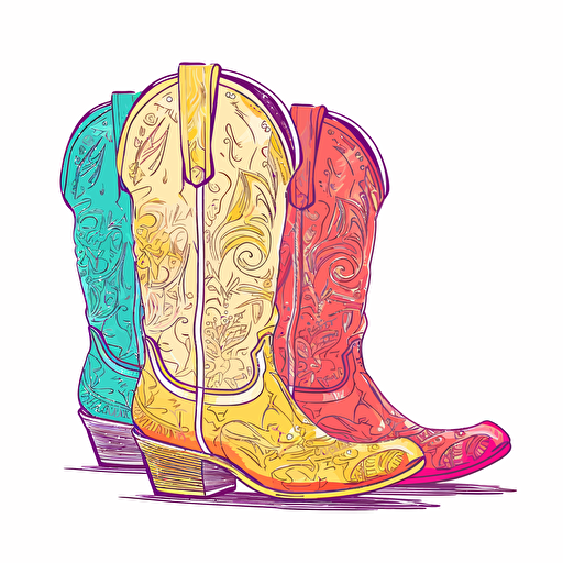 adorable brightly colored cowboy boots on a white background + doodle style + white background + simple vector + bright colors