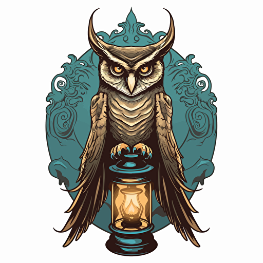 3 eyed symmetrical owl with spread wings perched on top of a stylistic candle lantern. Vector image. Drawing.