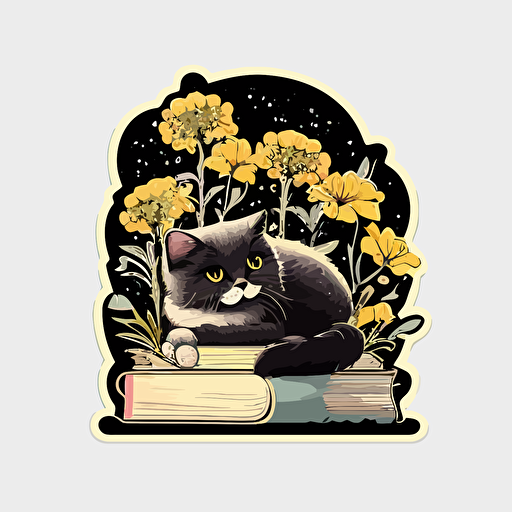 cute cat, sitting on a book, laying down, black, yellow flowers around him, vector style, sticker