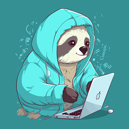 Cute vector image of sloth holding in a hoodie, holding computer, Hanging on edge, cyan color scheme,