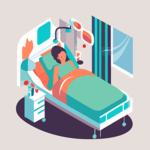 A sick female patient on a hospital bed in a hospital setting, 2d, flat vector illustration, white background