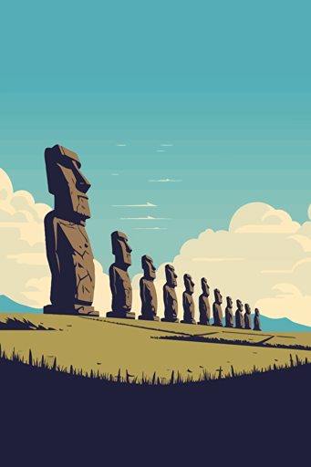 long distance view of Easter island, blue sky, vector design, minimalist, flat