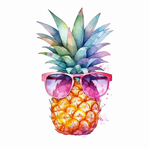 Cute watercolor design of pineapple with wearing pink sunglasses, vector
