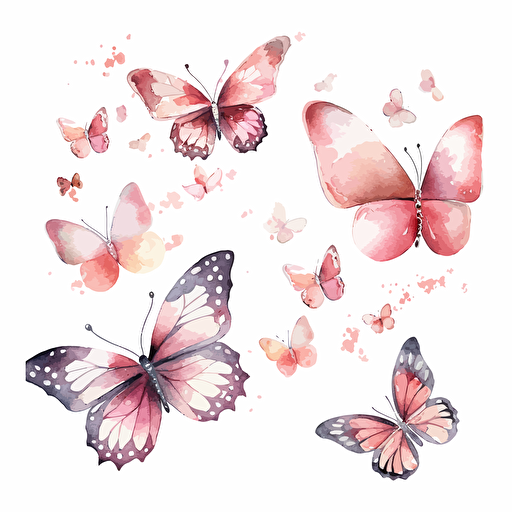 whimsical watercolor illustration of butterflies in hues of pink, blush, magent, vector on white background
