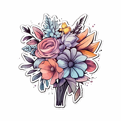 watercolor vector illustration boho line drawn bouquet sticker white background