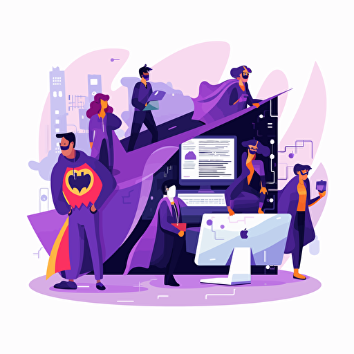 cute and fun style, overlook angle, vector cartoon vector flat, Company stable protected by employees in superhero costumes against cyber criminals and cyber attacks, white background, main color purple
