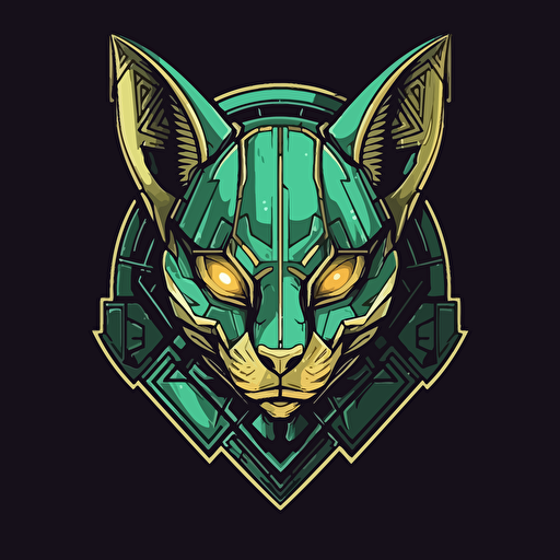 Logo, Menacing, Alien Mecha Cat, Sphynx, Gold Skin, Green Eyes, Big Ears, Triangle Base, Vector Style,