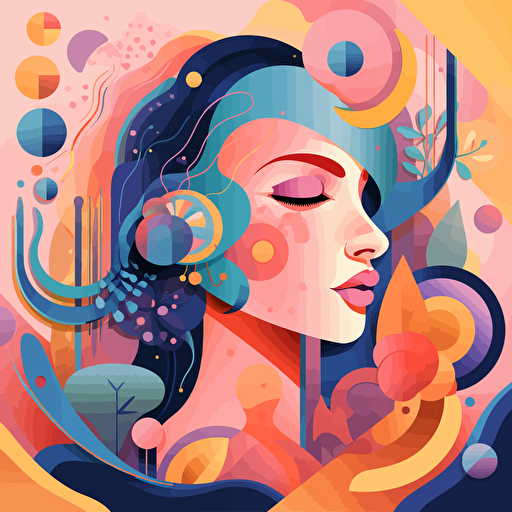 A modern piece of wall art in an illustrative vector style with bright vibrant colors of pastel peach, purple, green, yellow, blue in the style of Elena Smith, think of something that would be sold at urban outiftters