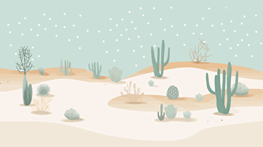 A minimalist top-down view of a white sand desert, dotted with distinct cacti, portrayed in a clean and modern vector illustration style. The scene should convey the vastness of the desert while showcasing the visually appealing patterns created by the cacti and sand. The color palette should consist of a harmonious blend of bright whites, soft blues, and muted greens. The composition should emphasize the abstract nature of the desert and cacti from the overhead viewpoint.