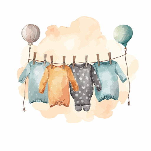whimsical and cute watercolor design of gender neutral baby clothes hanging on clothespin, neutral colors, detailed, vector