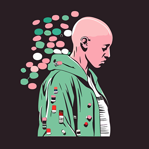 vector,pink,light green, bald girl,holding too many pills in hands,depressed,sad,crying