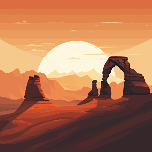 Delicate Arch Moab with mountains behind it, 2d vector, flat design, minimalism, illustration, bright, sunny