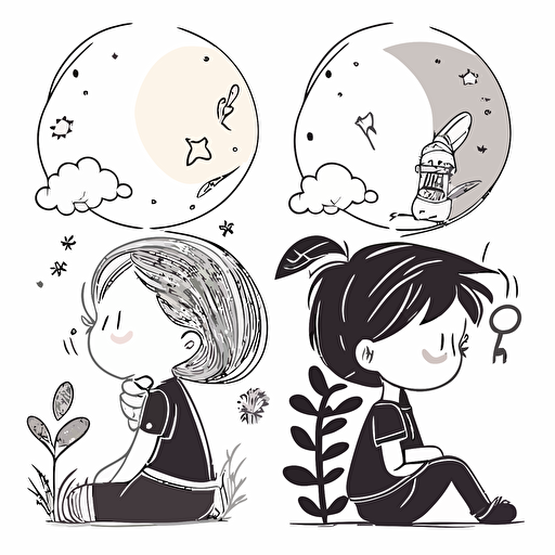 Illustrations of children happily thinking about the future, flat design,vector art, line drawing, black and white, simple and beautiful,