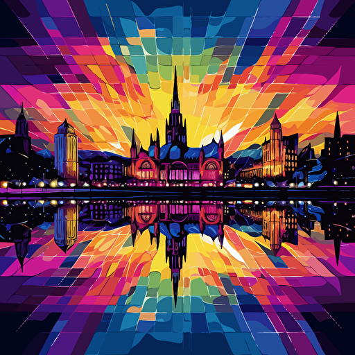 glasgow city illustration simplistic vector art canvas of purples, blues, and golds with chromatic outlineing giving of an effect of reflective ouitline