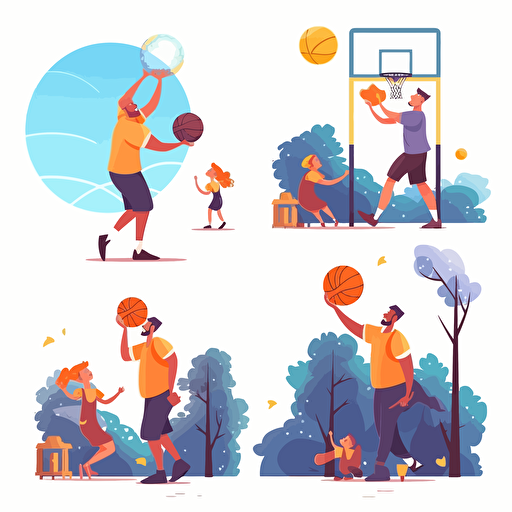 Father time with son. Parent dad enjoy recreation with kid boy, playing plane toy or sport basketball game, build tree house daddy happy fatherhood, set vector illustration of recreation together