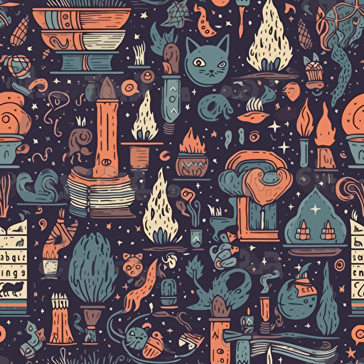 Patern with magical tools( wands, books, owl, cat, snake, lanter, castle, star, boiling Cauldron) , vector