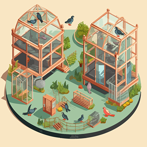 cartoon vector isometric image of a bird enclosure at different stages of construction