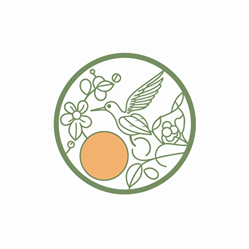 create line logo, minimalist flat SVG vector, showing a hummingbird flying and surrounded by flowers, fruits and vegetables for organic holistic brand, minimalistic, memorable