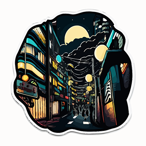 streets of tokyo midnight,Sticker , Intense, Dark and light colours, Digital Art, Contour, Vector, white background,Detailed