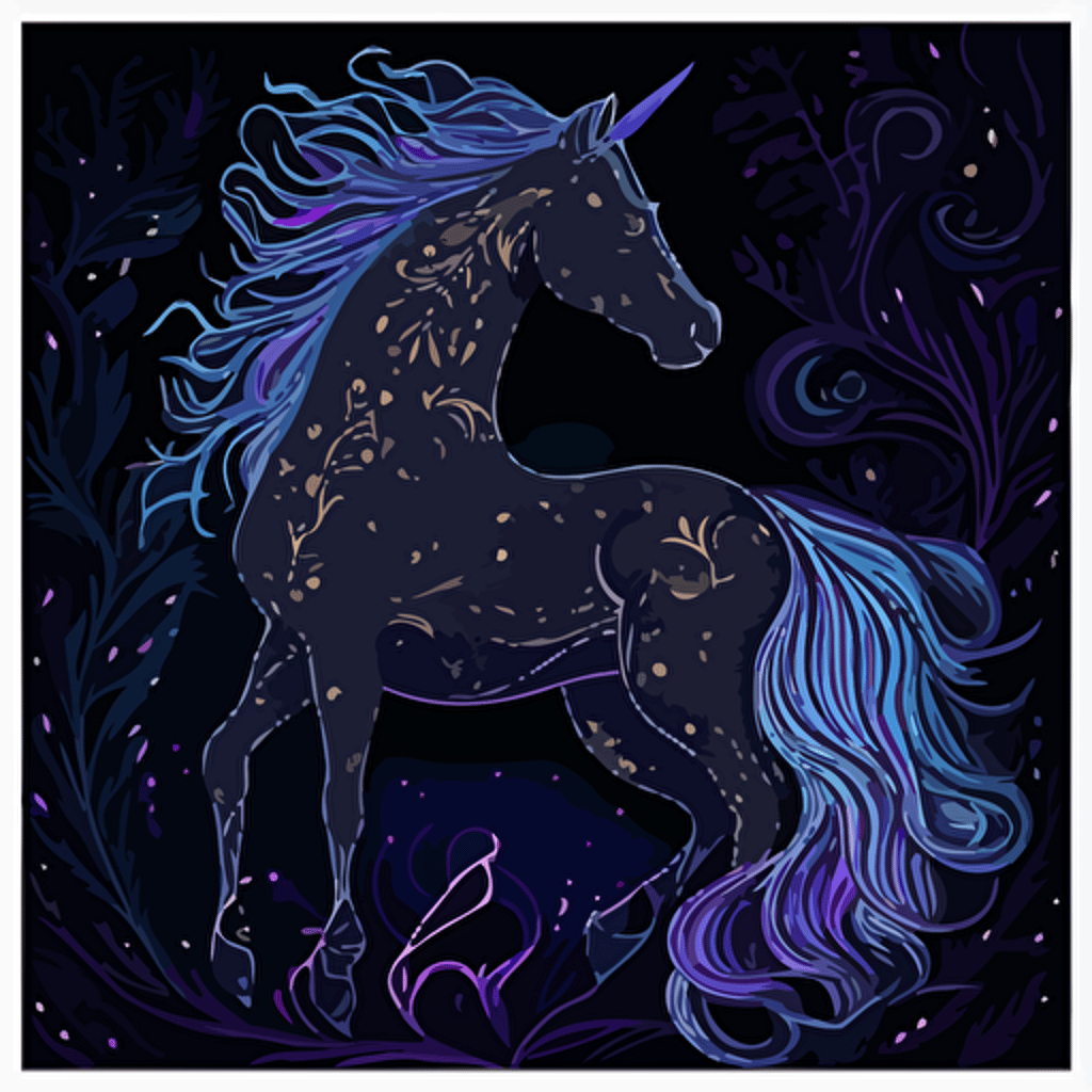 iridescent black unicorn at night, vector, intricate details depth of field, black light poster