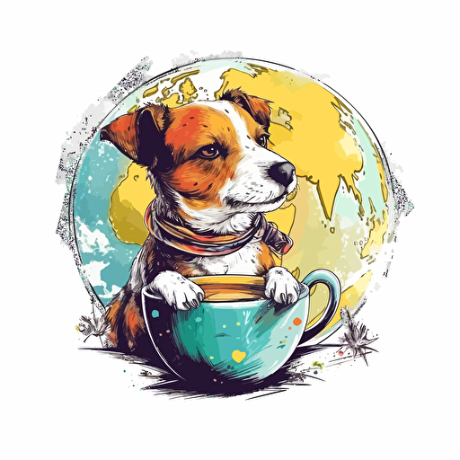 fantasy worl in wich small jack russel drink coffe and find solution to world peace, colorfull sketch, vector illustration