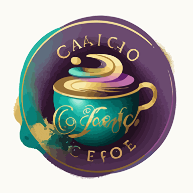 round vector UI logo style design in teal, gold and purple colour palette showcasing a large round cup of cappuchino
