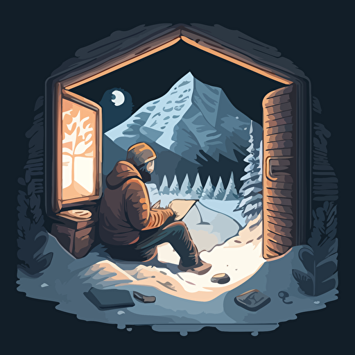 Based on the theme of anonymity, design a vector illustration of Satoshi Nakamoto sitting in a remote cabin, writing a letter to the world about the potential benefits of decentralized currency. Set the scene on a snowy, secluded mountain.
