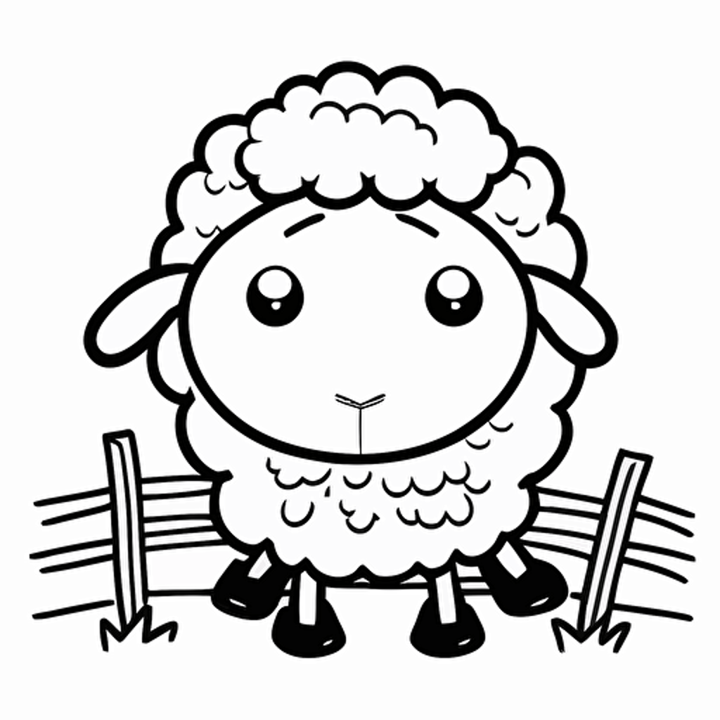 cute sheep in farm, big cute eyes, pixar style, simple outline and shapes, coloring page black and white comic book flat vector, white background