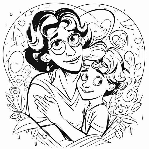 mothers day, pixar style, simple outline and shapes, coloring page black and white comic book flat vector, white background