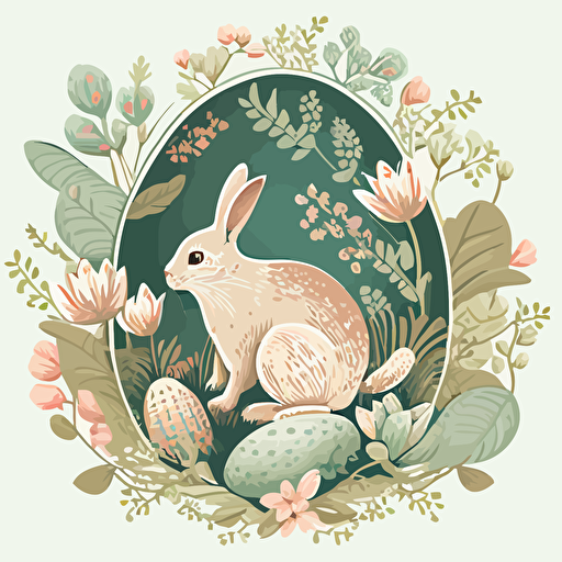 Easter rabbit, in soft colors, vector illustration, surrounded with painted eggs, flowers and leaves, as for postcard