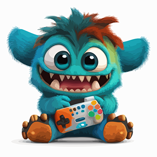 A saturated colorfull baby fur gamer monster, goofy looking, smiling, white background, vector art , pixar style