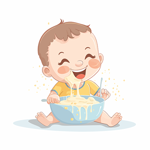 A baby is eating porridge with a happy expression and motion, no background,vector shapes,vectorart