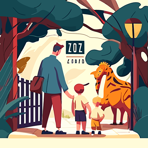 little boy visiting zoo with his father, children's book cover, zoo entrance, flat colors, 2d, vector