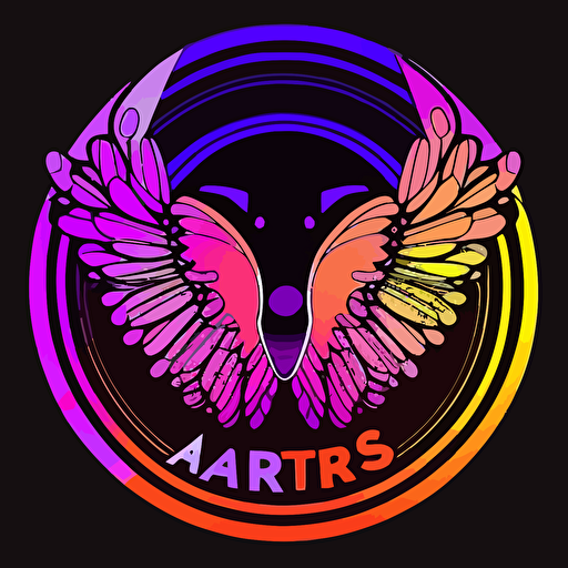 logo for young digital artist Artariyes in Takashi Murakami style, no faces, vector, wings, gradient purple orange